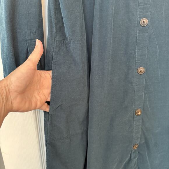 J. Jill Corduroy Shirt Dress Sz LG Forest Green Button Up Roll Tab Pockets Teach - Picture 3 of 12